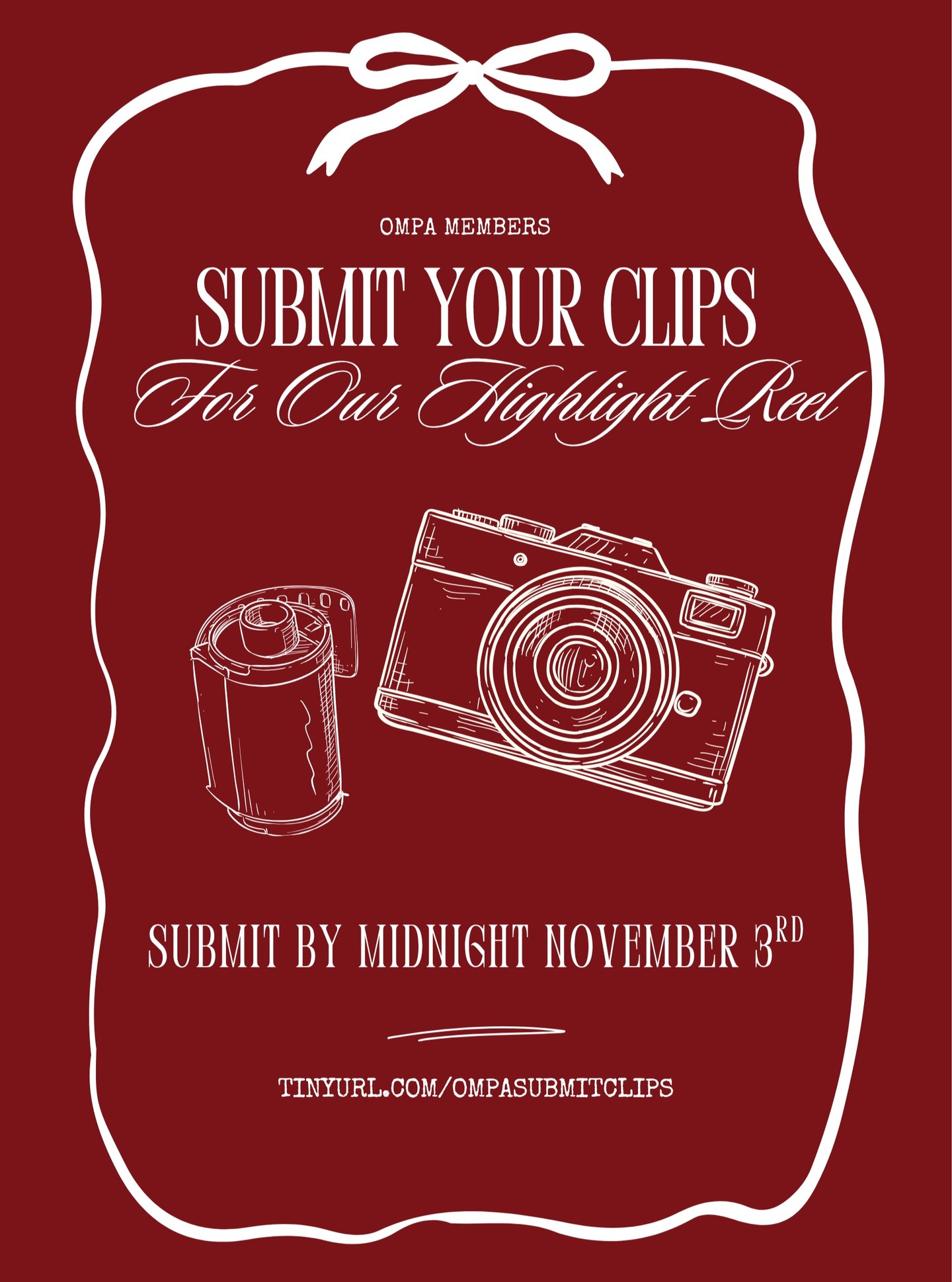 OMPA Members -
we need your clips!

We’re putting together a special reel for our Holiday Showcase to celebrate the incredible work Oregon has to offer - and we want to feature you!

If you were part of a production in the past four years, with a preference for work made in the past two years, please send us a short video clip from your project(s). We’ll be creating a fast-paced highlight reel featuring a few seconds from each submission to showcase the amazing creativity across our community.

✅ What to Submit:

Up to 2 short clips (10–30 seconds) from any production you were involved in

or 1 minute of sizzle from work you made between 2021-2025

Horizontal format preferred (but not required) with a minimum resolution of 1080p

Include the name of the production and your role

📅 Deadline: Monday, November 3, 2025 | 11:59pm
📤 Submissions are open to OMPA Members only*

Let’s celebrate the artistry, passion, and hard work of 2025 together - we can’t wait to see what you’ve created!

SUBMIT TODAY TO TINYURL.COM/OMPASUBMITCLIPS

LINK IN BIO TOO

*Not sure if your OMPA membership is active or having trouble logging in? Email us at info@ompa.org