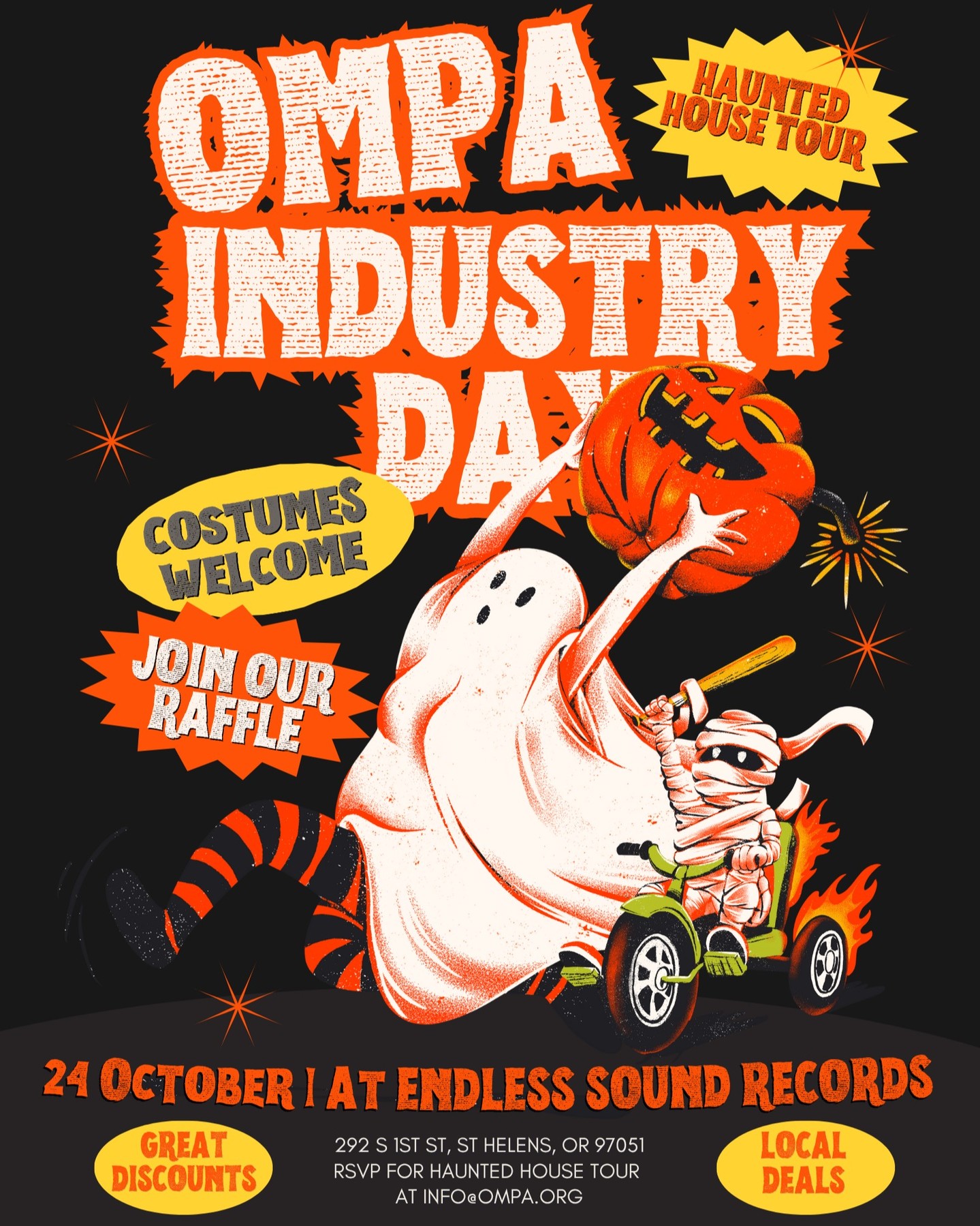 Come join us next Friday!

St. Helens, OR, and The Spirit of Halloweentown would like to welcome OMPA members and Film Industry Workers and their families on Friday, October 24th to experience film tourism at work!

Oregon Film and the Film Trail, Setjetters app, and OMPA will be tabling so make sure to stop by our booth.

You can enter our raffle for some great prizes and while you’re there, take a moment to learn about all the amazing discounts available to you. Local restaurants are graciously offering industry workers deals like 50% off cocktails, discounted beers, and MORE!

Costumes are encouraged! We’d love to see a few – even if just on the kids or your furry friends.

🎃 Bonus Event: Exclusive Haunted House Tour at 4:00 PM
Spots are limited — RSVP at info@ompa.org

Come celebrate the industry, the season, and a little movie magic. We can’t wait to see you there!

🌟 Where: Endless Sound Records, St. Helens, OR
🗓️ When: Friday, October 24, 2025 | 1-5pm
______________________________

What is Spirit of Halloweentown?

What began as a tribute to the beloved Disney movie “Halloweentown,” filmed right here in Oregon in St. Helens, has grown into a month-long celebration filled with spooky fun, enchanting attractions, and family-friendly activities.

From late September through October, Spirit of Halloweentown offers something for everyone. Wander through haunted streets, explore themed attractions like the Great Pumpkin Lighting and the Haunted House, and enjoy live entertainment and special events throughout the festival. Whether you’re there to relive the nostalgia of your favorite Halloween movie or to create new memories with family and friends, you’ll find endless opportunities for fun and adventure!

Spirit of Halloweentown is officially closed on the 24th, so if you’d like to visit the vendors market or see some of the other exhibits make sure to check out their website to see when they’re open!